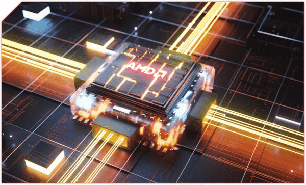 Stylized 3D rendering of a CPU with AMD Ryzen branding slotting into the machine.