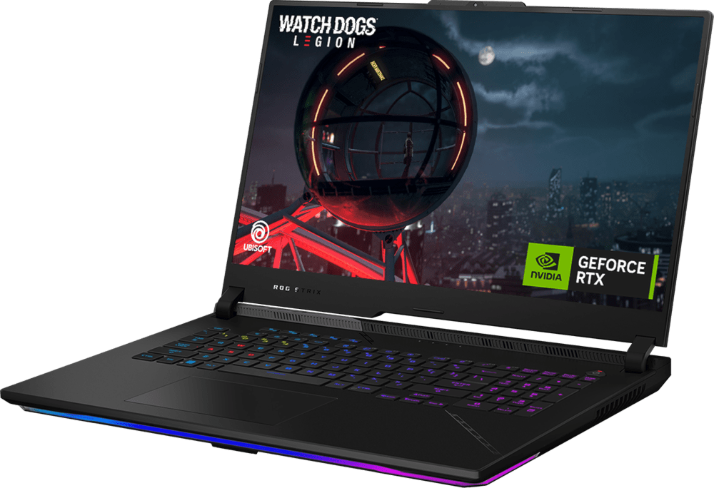SCAR 17 with RGB on the keyboard and light bar, and Watch Dogs Legion on screen.