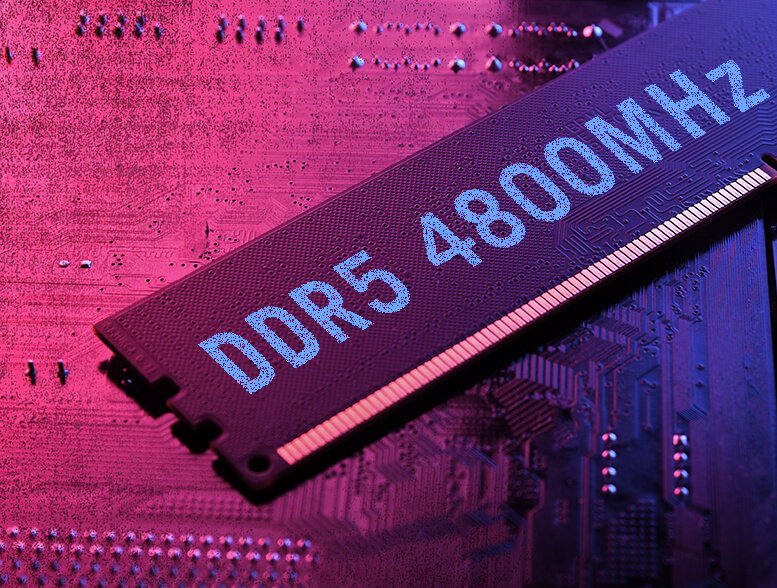 Stylized 3D rendering of a DDR5 4800MHz RAM module.