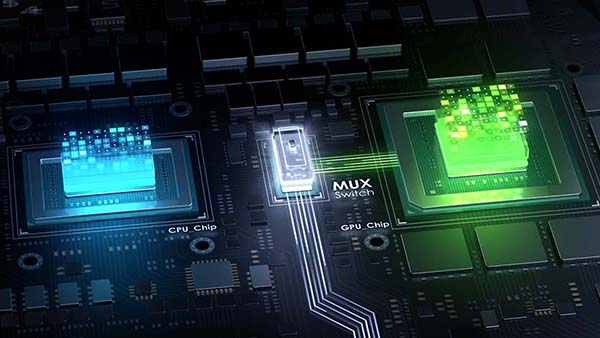 Stylized 3D rendering of a green GPU on the right and blue CPU on the left and a MUX Switch in the middle with beams connecting the MUX Switch and the GPU.